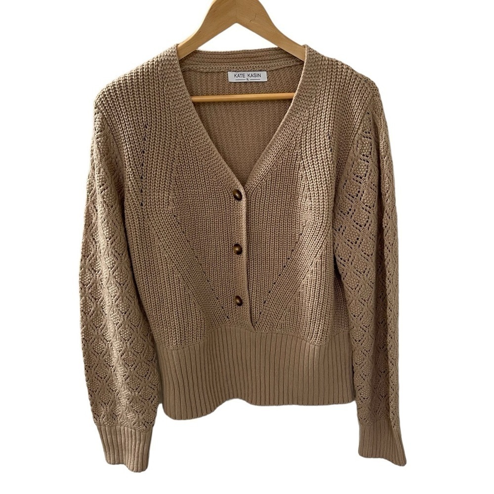 Kate Kasin Size XL Button Up Knit Cardigan Long Sleeves Wide Waist Band Tan